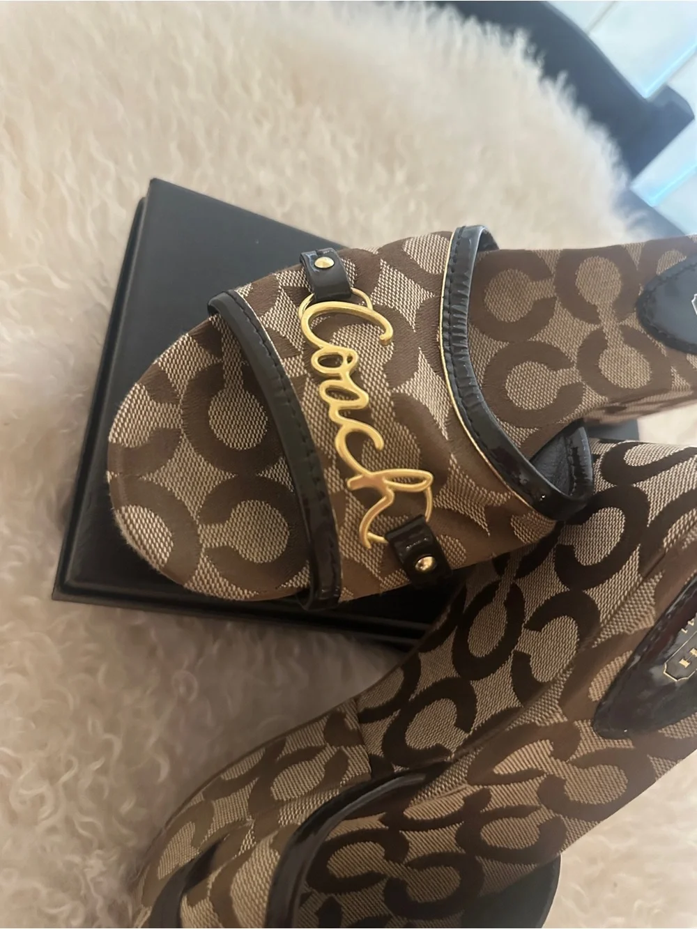 Coach Signature Logo Canvas Wedge Slide Sandals Open Toe Brown Beige 7B